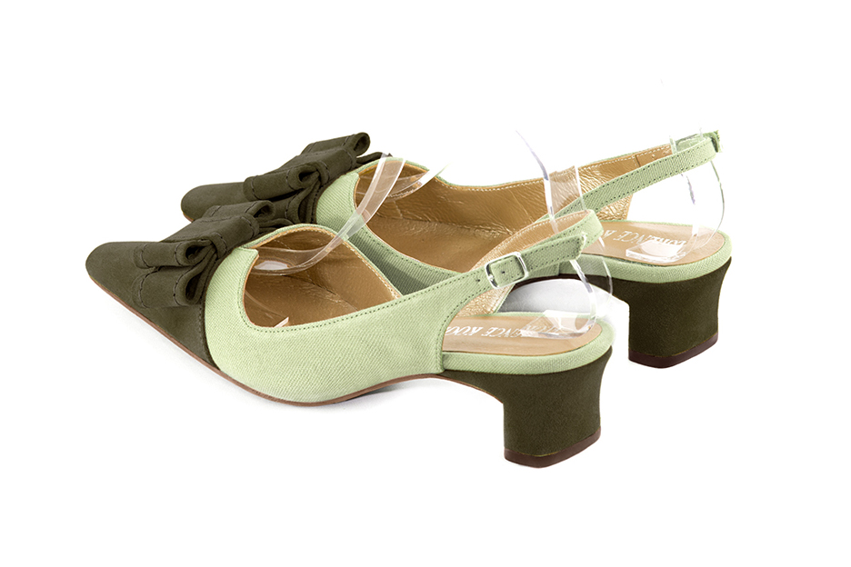 Khaki green women's open back shoes, with a knot. Tapered toe. Low kitten heels. Rear view - Florence KOOIJMAN